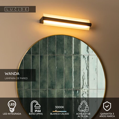 Lucide WANDA - Lámpara de pared Baño - LED - 1x15W 3000K - IP44 - Negro - USP
